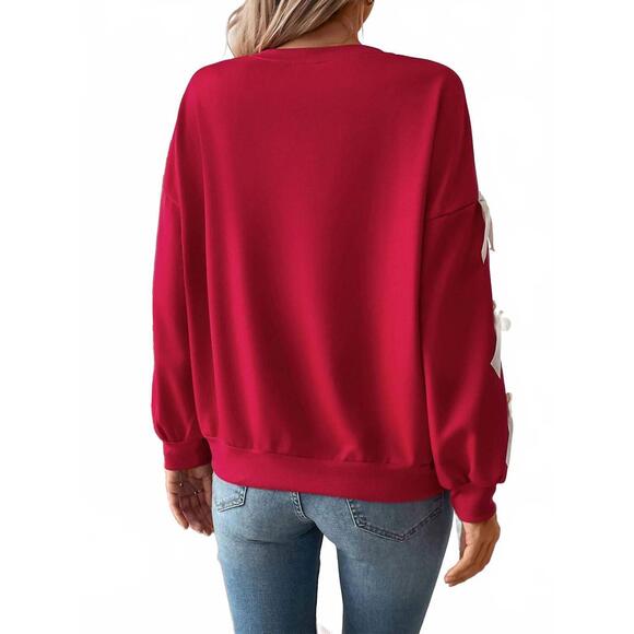 NEW DOUBLJU solid color round neck bow embellish lace pullover sweatshirt in red - Picture 2 of 5